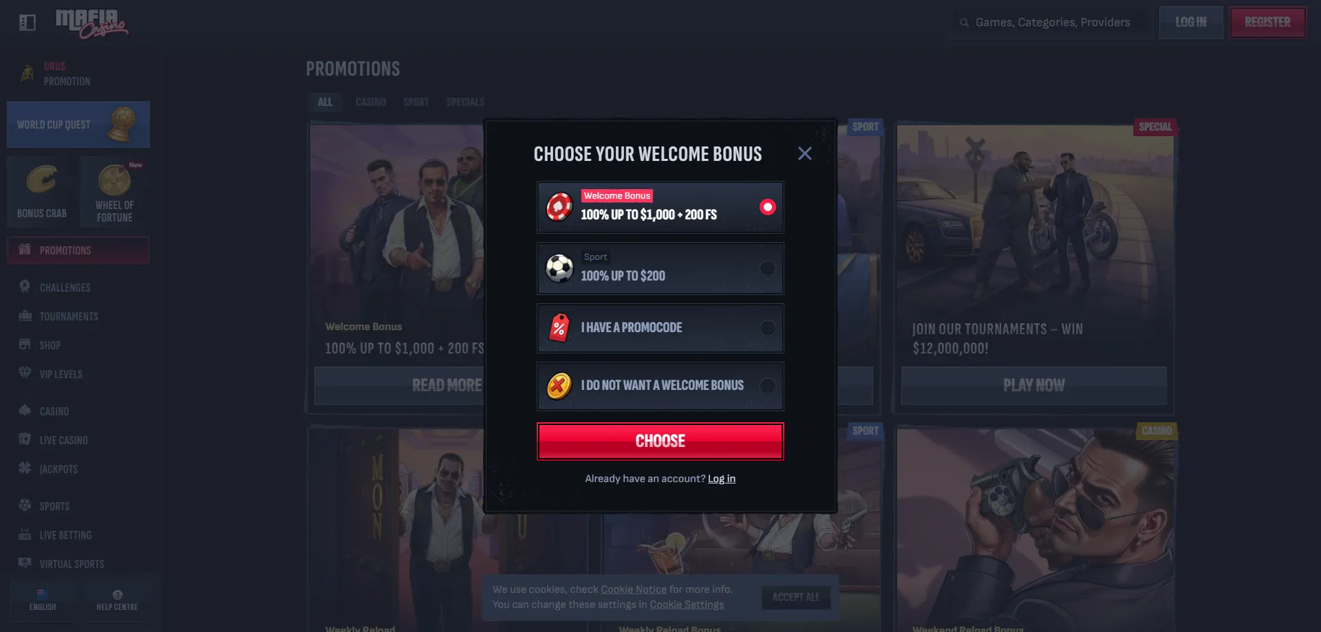 Mafia Casino New Zealand registration sign up account