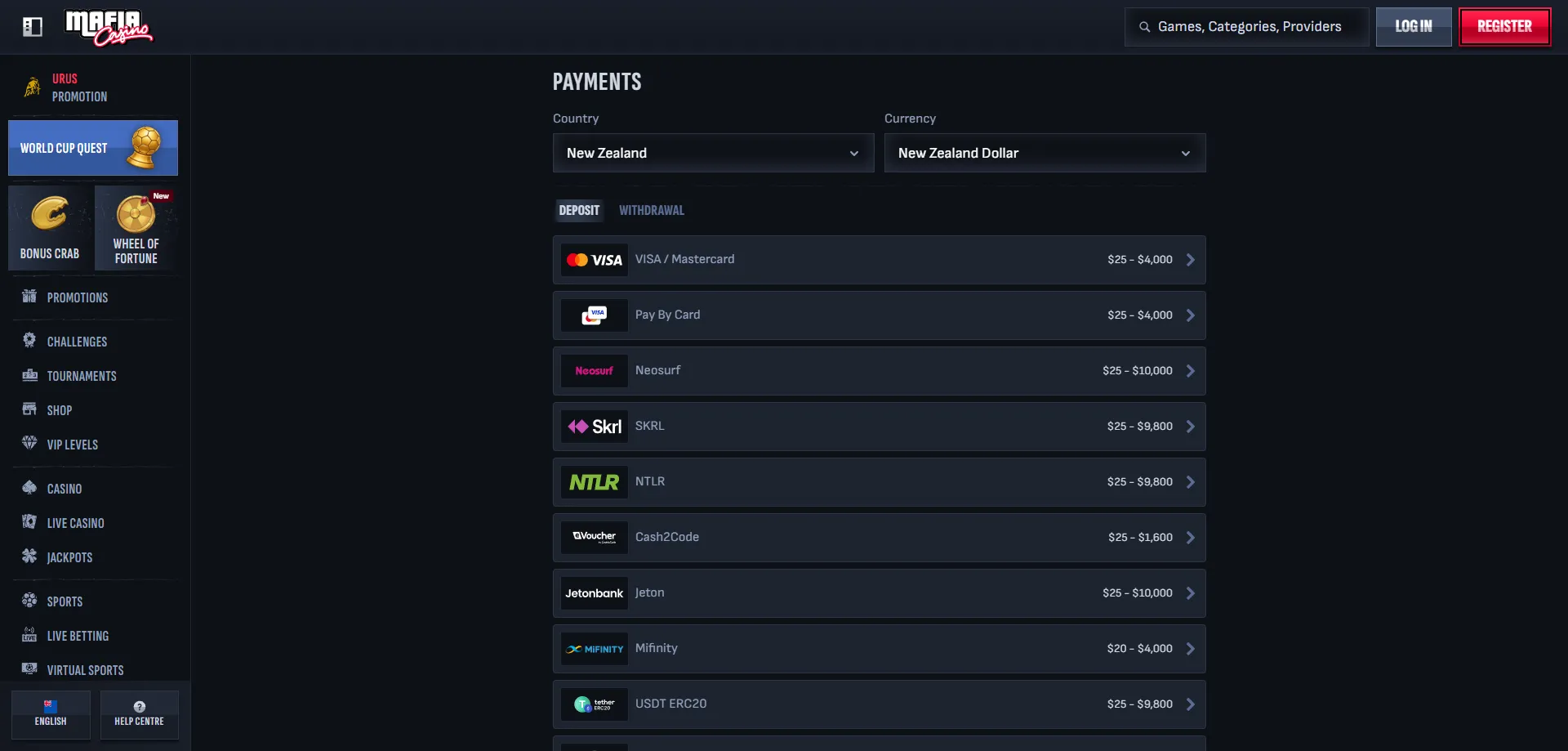 Mafia Casino deposit withdrawal payment methods New Zealand
